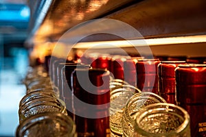 Perspective view of bokeh of liquor bottles in a shop