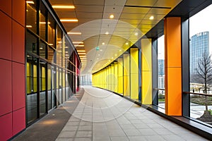 Colored corridor with yellow lights in the hall of a modern office building
