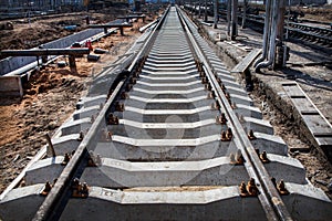 Perspective view of Concrete railroad ties in railway construction site