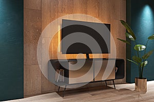 Perspective view on dark blank TV screen with place for your text or logo on wooden wall in stylish living room with vintage TV