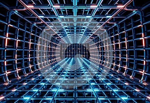 Perspective view through a dark, blue, metallic grid structure in a square tunnel