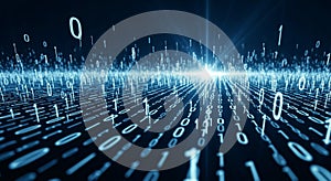 Digital Binary Code Flowing Through a Futuristic Blue Light Tunnel with Glowing Data Streams