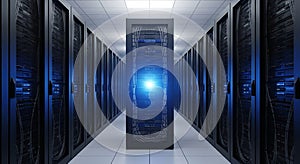 Illuminated server room with rows of racks and a glowing blue light in the center