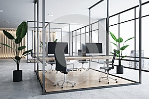 Perspective view on eco style open space office interior design with modern computers on wooden tables in metal frame work place,