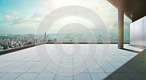 Perspective view of empty concrete tiles floor of rooftop