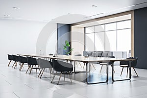 Perspective view of empty conference room with wooden office desk and chairs, white wall, tiles floor, and window with city