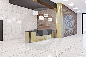 Perspective view on empty stylish dark and golden metallic reception desk in modern interior design business center office hall