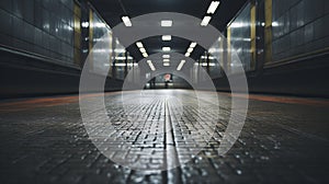 Perspective View Of An Empty Subway Station Corridor With Illuminated Ceiling Lights. Generative AI