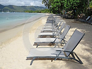 Perspective view of empty sun loungers on tropical beach with turquoise Caribbean sea. Row of empty deckchairs on the shore in the