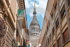 Perspective view of famous Dome of San Gaudenzio Basilica in Novara city, Italy. Cupola and belfry of San Gaudenzio