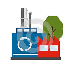 Perspective view on four power electricity industry factory building in cartoon style. Green manufacturing and ecology