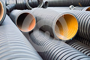 Perspective view of garnered black plastic substructure pipes