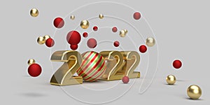 Perspective View of Gold 2022 with striped christmas bauble and falling red and gold balls on a grey background. 3D rendered