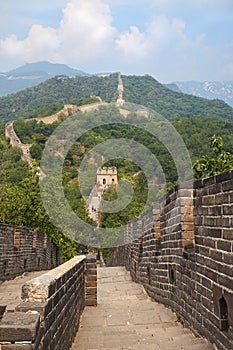 Perspective view on Great Wall of China and walking tourists