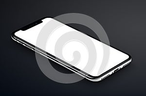 Perspective view isometric black smartphone similar to iPhone X mockup lies on dark surface