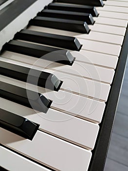 A perspective view of a keyboard with black and white keys