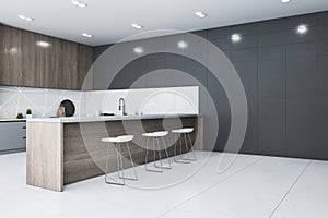 Perspective view of kitchen interior design with wooden and dark grey walls and tiles floor. 3D Rendering