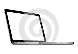 Perspective view of laptop with blank white screen isolated on white background
