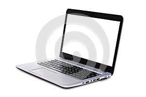 Perspective view of Laptop computer with blank screen isolated on white background. Clipping Path include in this image