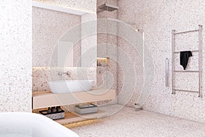 Perspective view of light bathroom interior design with tiles stone floor and walls. 3D Rendering