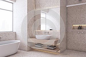 Perspective view of light modern bathroom interior design with tiles stone floor and walls, white bath and window with city view.