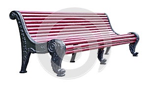 Perspective view of a long brown wooden bench, isolated on a white background