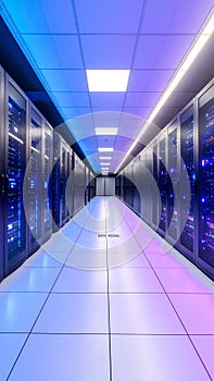 Perspective view of a modern data center aisle with glowing server racks and colorful ambient lighting