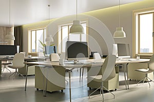 Perspective view of modern empty office interior with concrete floor, wooden wall and desks with computers, windows and furniture