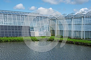 Perspective view of a modern industrial greenhouse with solar panels on the side in the Netherlands.