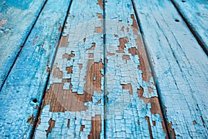 Perspective view of old wooden boards painted in blue