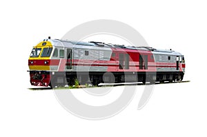 Perspective view of Passenger train hauled by the diesel electric locomotive isolated on white background.