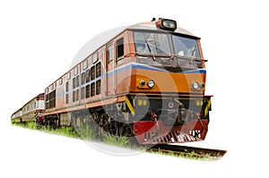Perspective view of Passenger train hauled by the diesel electric locomotive isolated on white background with clipping path