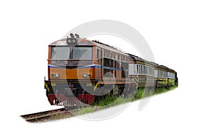 Perspective view of Passenger train hauled by the diesel electric locomotive isolated on white background with clipping path