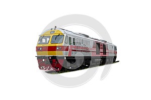 Perspective view of Passenger train hauled by the diesel electric locomotive isolated on white background with clipping path