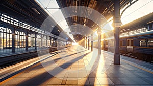 Perspective view of a platform in railway station with sunlight cast on train parking by the platform