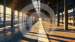 Perspective view of a platform in railway station with sunset light cast on train parking by the platform