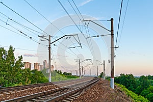 View of a railroad with power line support