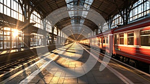 Perspective view of a railway station with sunset light cast on train parking by the platform