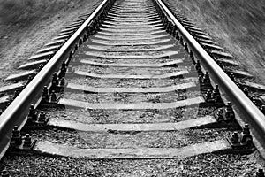 Perspective view of railway tracks. black and white photo