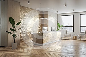 Perspective view on stylish reception zone in spacious sunlit golden shades office with green plant on parquet floor, white