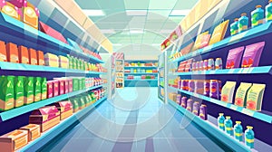 Perspective view of supermarket aisle filled with colorful cardboard boxes and food packages, bottles of beverages in