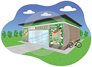 A perspective view of a supermarket. Fresh food and juicy fruits