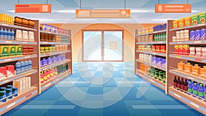 Perspective view of supermarket, grocery store aisle, interior with shelves and rack