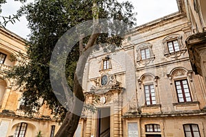 Perspective view of Vilhena Palace in Mdina, Malta behind a tree with a museum