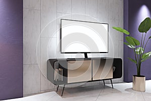 Perspective view on white blank TV screen with place for your text or logo on light grey wall in stylish living room with vintage