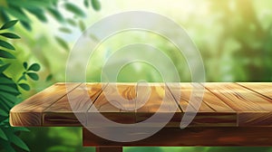 Perspective view of a wooden table corner on a green blurred background. Outdoor brown tabletop angle for displaying