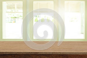 Perspective white wooden table on top over blur background view