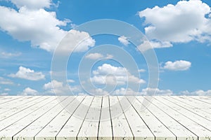 Perspective white wooden table on top over blur Blue sky and cloud background, Empty table for Your photo, Great for summer
