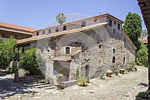 Perspective wide shot of christian masonry building of church in Lemonas at Lesvos