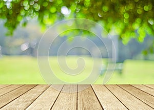 Perspective wood over blur trees with bokeh background